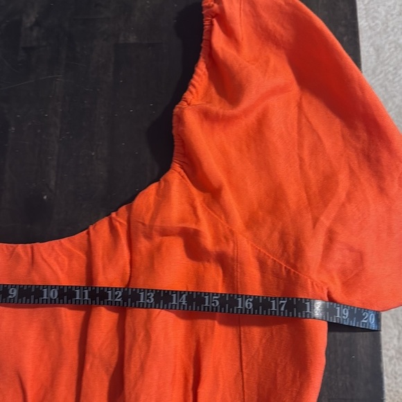 Loft Orange Puff Sleeve Linen Blend Maxi Dress Smocked Back Leg Slit Size 14 - Picture 7 of 11